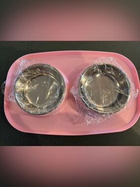 Gorilla Grip Pink Non-Slip Double Dog Feeding Mat with Stainless Bowls